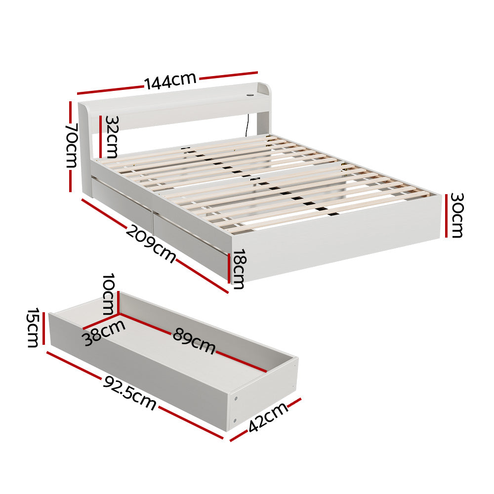 Aura Double Bed Frame with Charging Ports 2 Storage Drawers - White