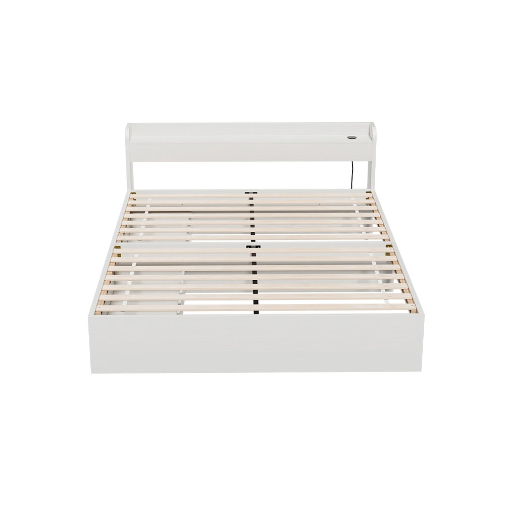 Aura Double Bed Frame with Charging Ports 2 Storage Drawers - White