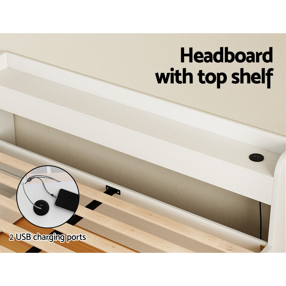 Aura Double Bed Frame with Charging Ports 2 Storage Drawers - White