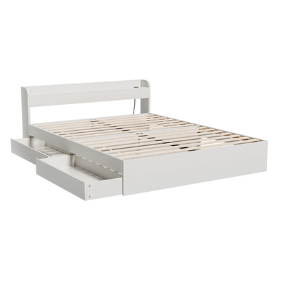 Aura Queen Bed Frame with Charging Ports 2 Storage Drawers - White
