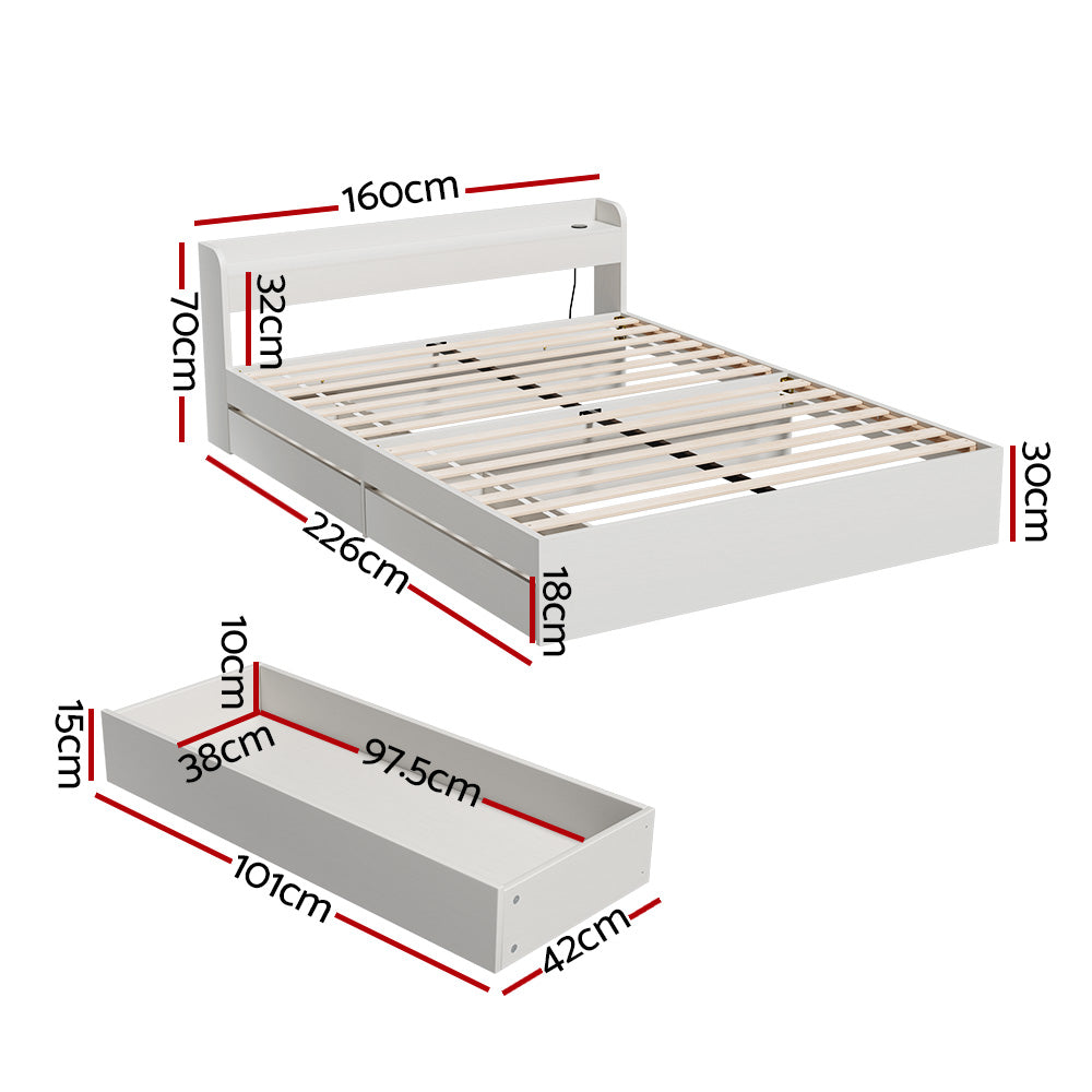 Aura Queen Bed Frame with Charging Ports 2 Storage Drawers - White