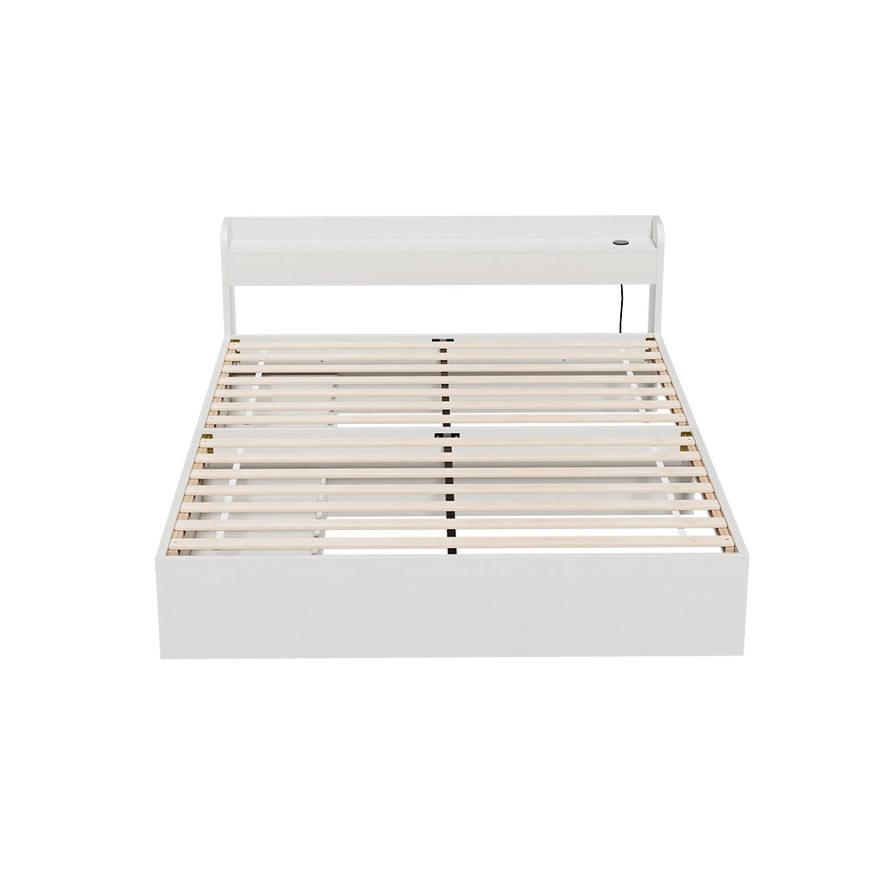 Aura Queen Bed Frame with Charging Ports 2 Storage Drawers - White