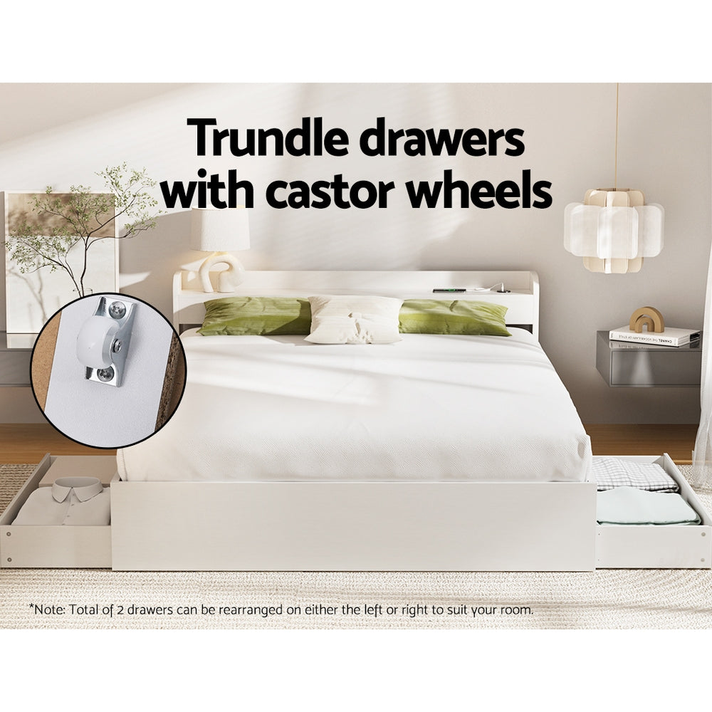 Aura Queen Bed Frame with Charging Ports 2 Storage Drawers - White