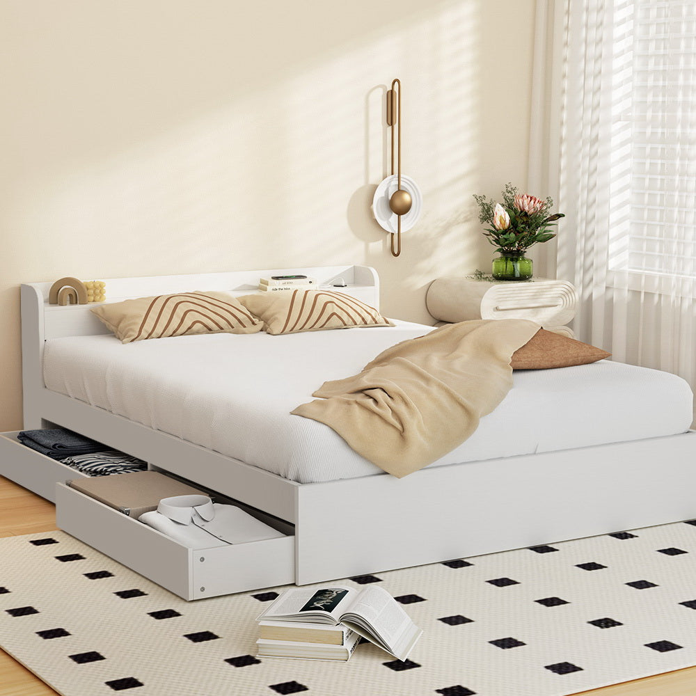 Aura Queen Bed Frame with Charging Ports 2 Storage Drawers - White