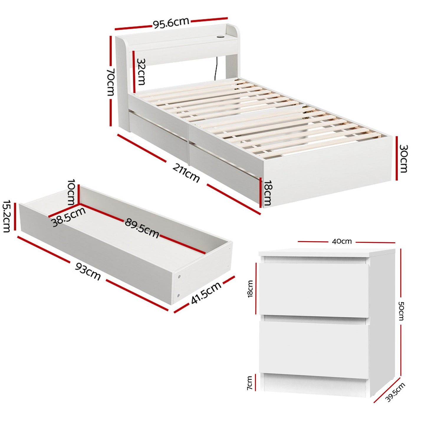Aura Single Bed Frame and Pepe Bedside Table - White