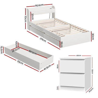 Aura Single Bed Frame and Pepe Bedside Table - White