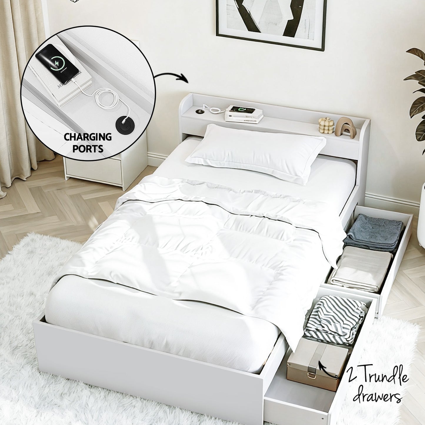 Aura Single Bed Frame and Pepe Bedside Table - White