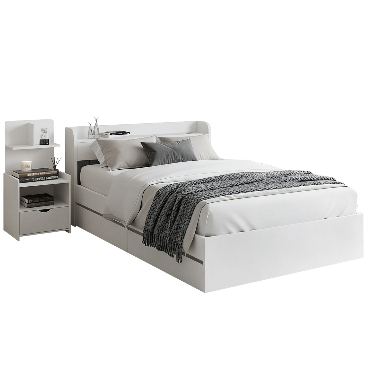 Aura Single Bed Frame with Charging Ports and Bedside Table - White