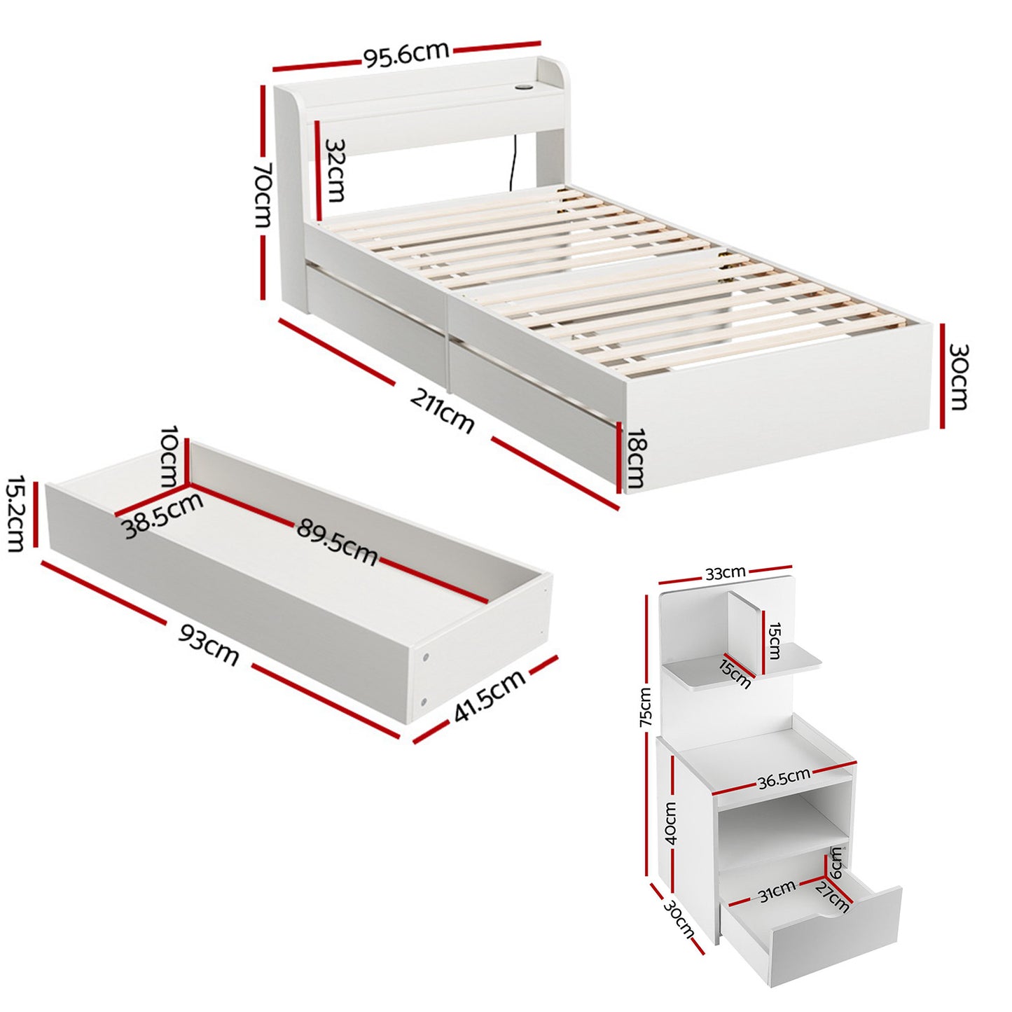 Aura Single Bed Frame with Charging Ports and Bedside Table - White