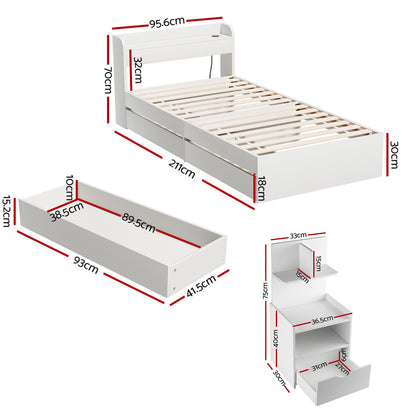Aura Single Bed Frame with Charging Ports and Bedside Table - White
