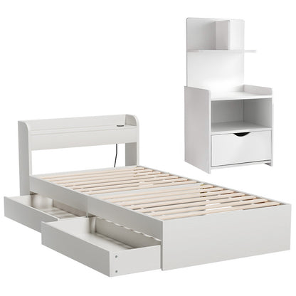 Aura Single Bed Frame with Charging Ports and Bedside Table - White