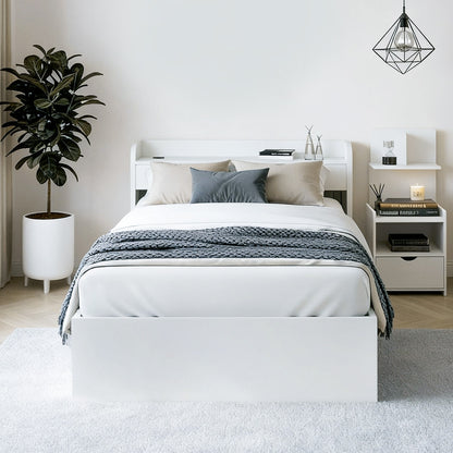 Aura Single Bed Frame with Charging Ports and Bedside Table - White