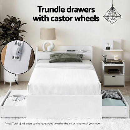 Aura Single Bed Frame with Charging Ports and Bedside Table - White
