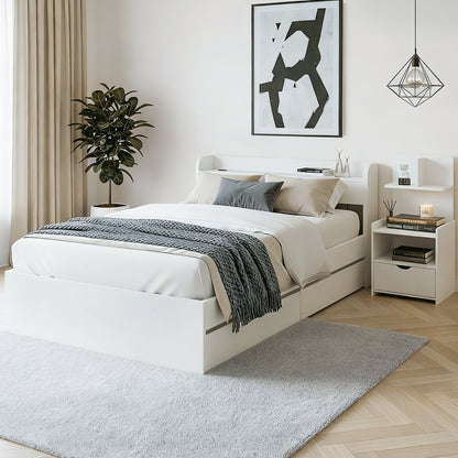 Aura Single Bed Frame with Charging Ports and Bedside Table - White