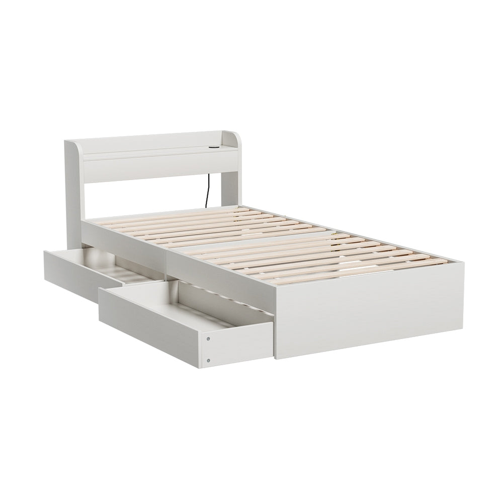 Aura Single Bed Frame with Charging Ports 2 Storage Drawers - White