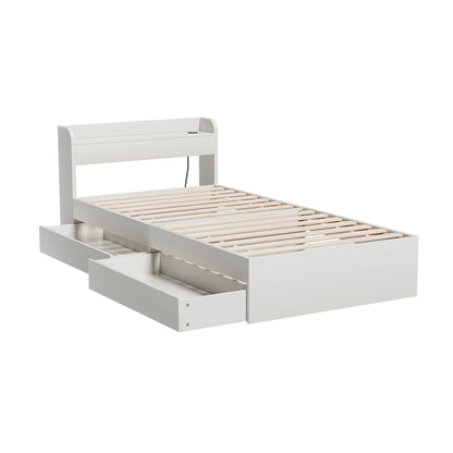 Aura Single Bed Frame with Charging Ports 2 Storage Drawers - White