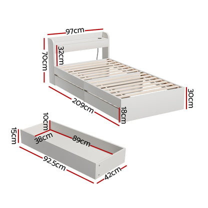 Aura Single Bed Frame with Charging Ports 2 Storage Drawers - White