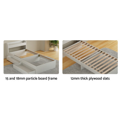 Aura Single Bed Frame with Charging Ports 2 Storage Drawers - White