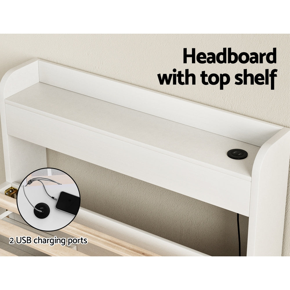 Aura Single Bed Frame with Charging Ports 2 Storage Drawers - White