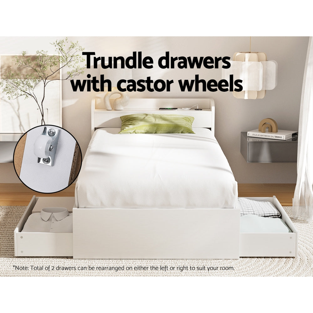 Aura Single Bed Frame with Charging Ports 2 Storage Drawers - White