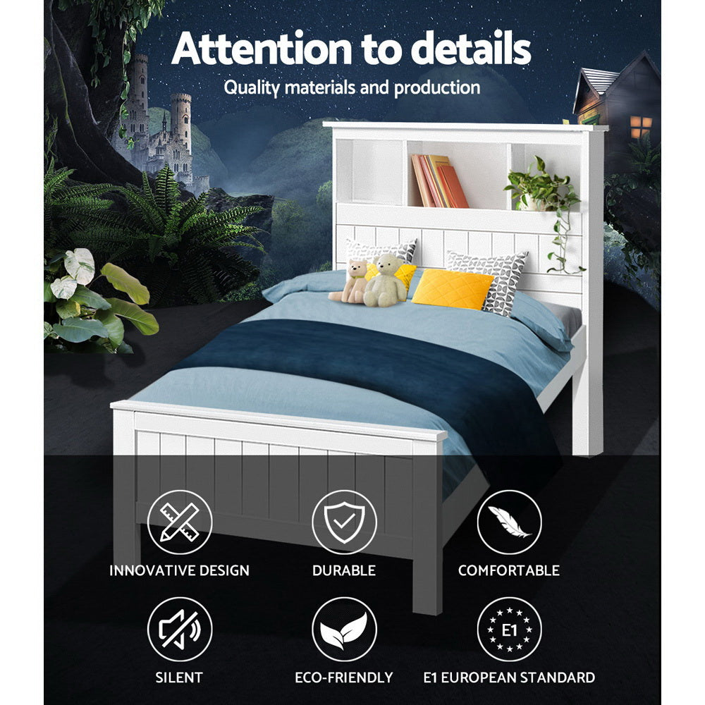 Conqueror King Single Bed Frame with 3 Shelves - White