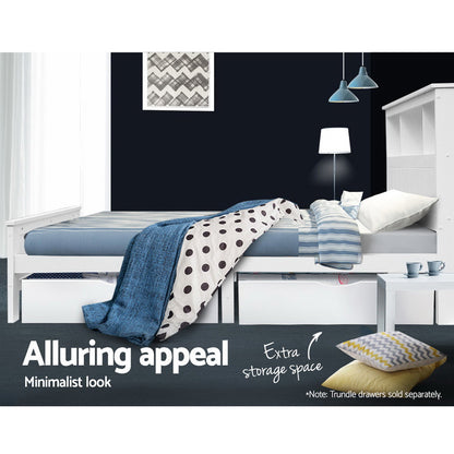 Conqueror King Single Bed Frame with 3 Shelves - White