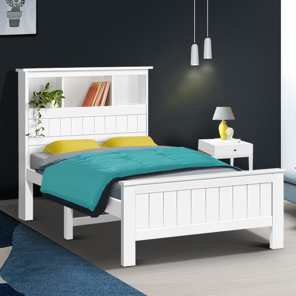 Conqueror King Single Bed Frame with 3 Shelves - White