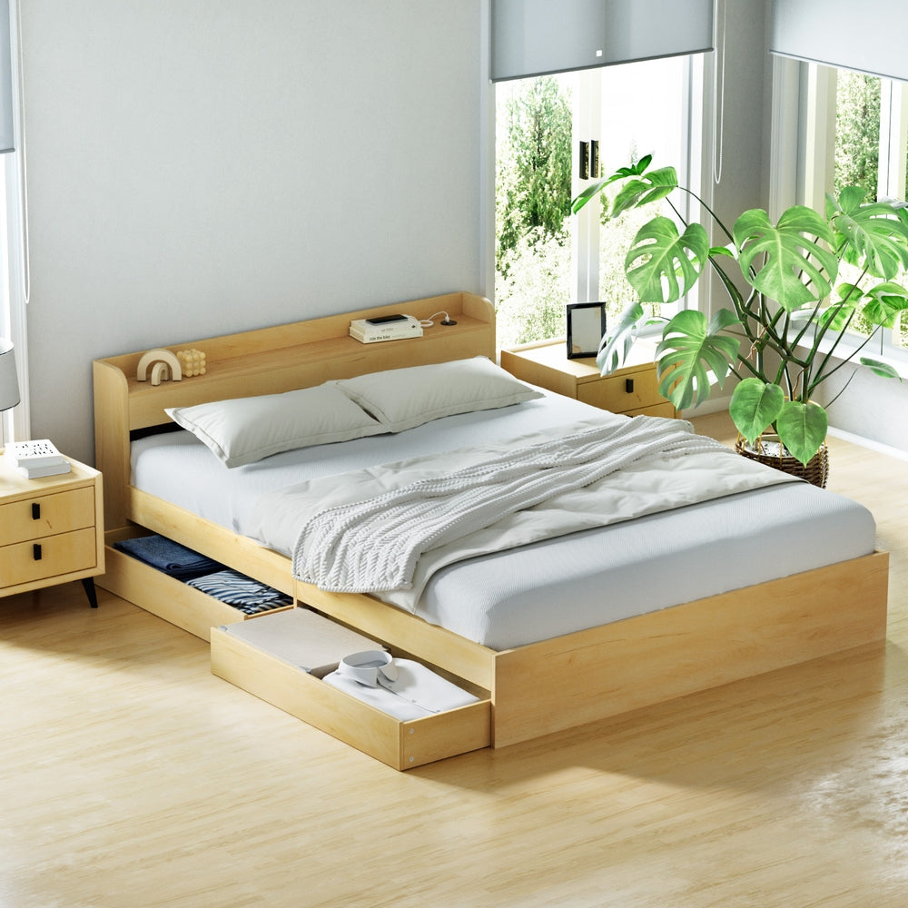 Aura Queen Bed Frame with Charging Ports and 2 Drawers
