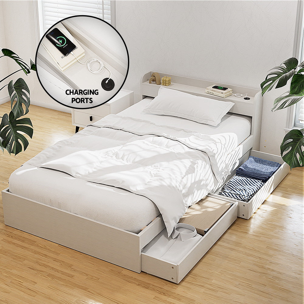 Aura Single Bed Frame with Charging Ports and 2 Drawers