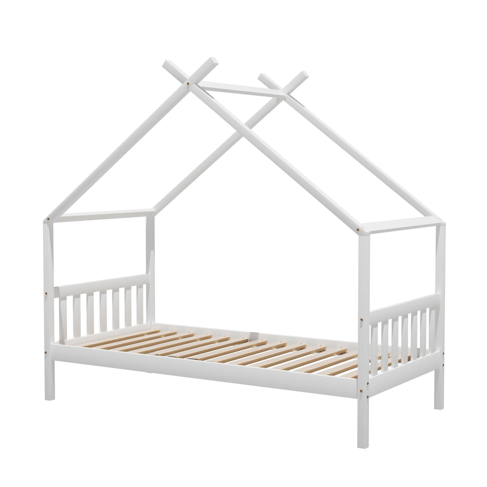 Kids Single Timber House Bed Frame - White