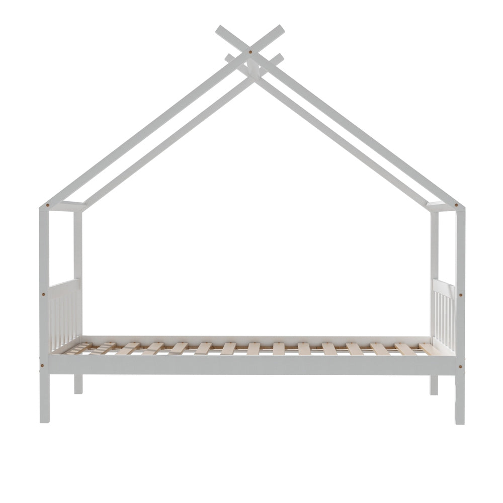 Kids Single Timber House Bed Frame - White