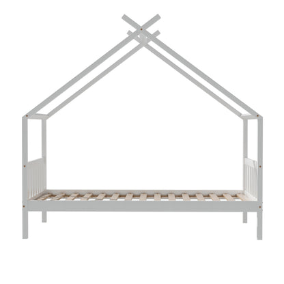 Kids Single Timber House Bed Frame - White