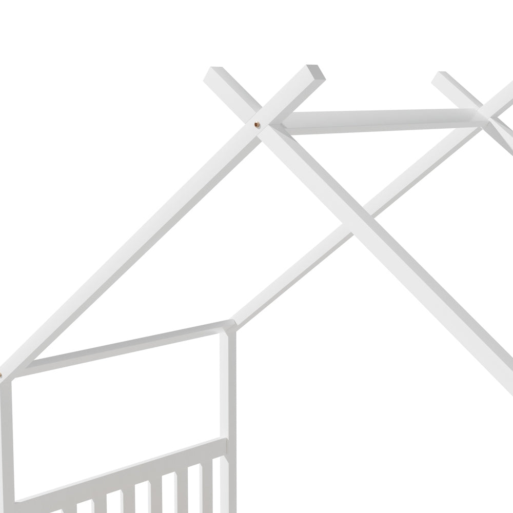Kids Single Timber House Bed Frame - White