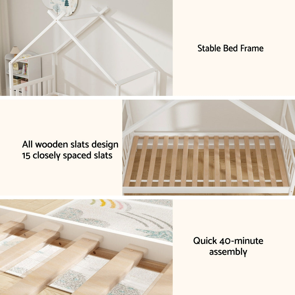Kids Single Timber House Bed Frame - White