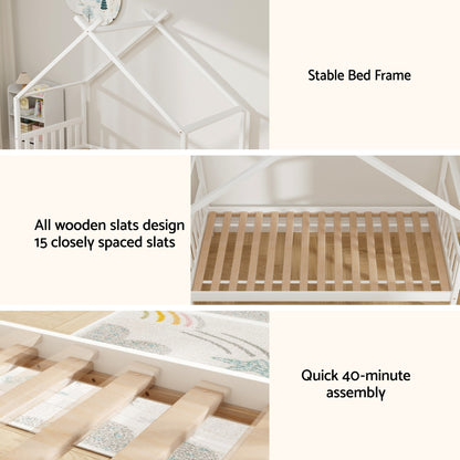 Kids Single Timber House Bed Frame - White