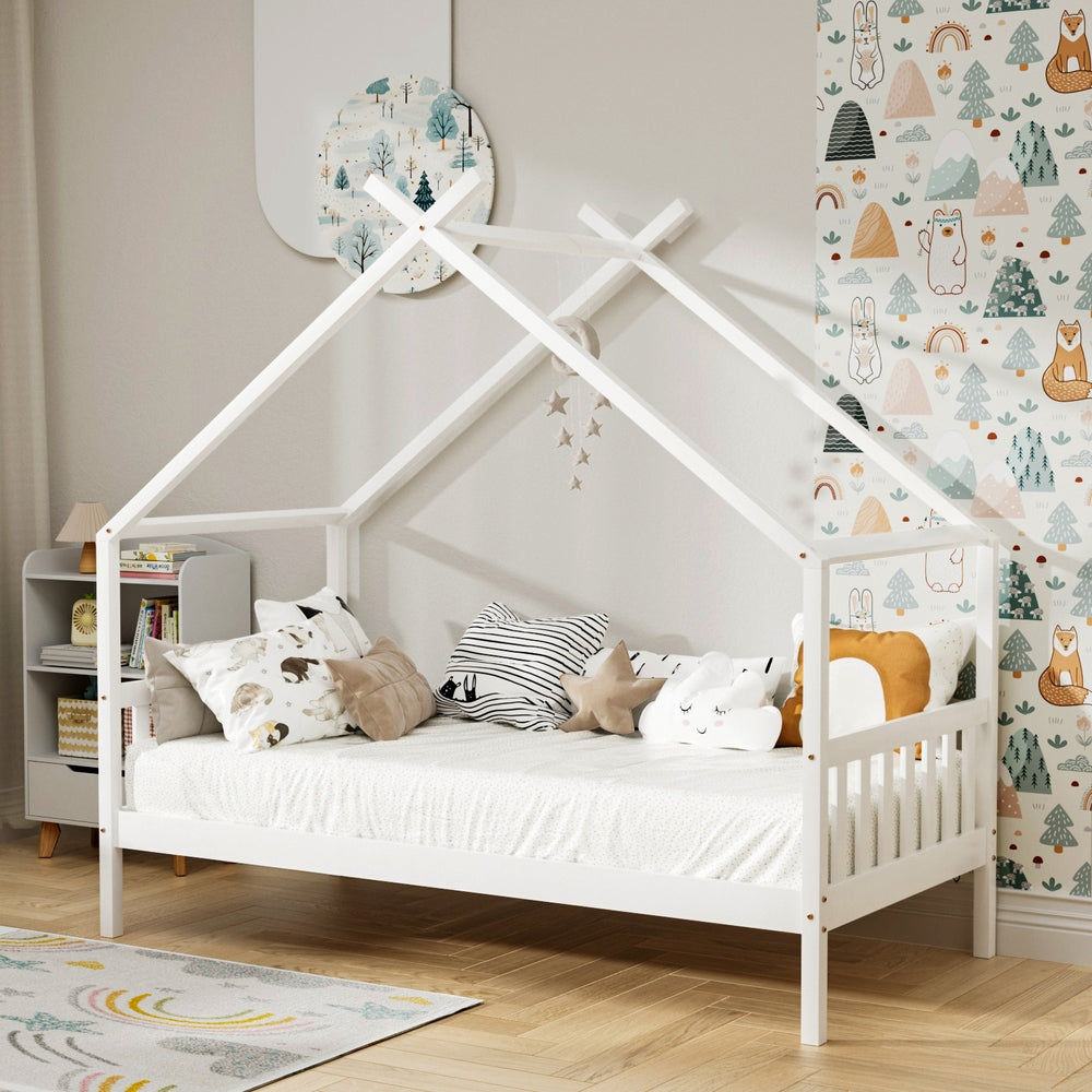 Kids Single Timber House Bed Frame - White