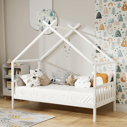 Kids Single Timber House Bed Frame - White