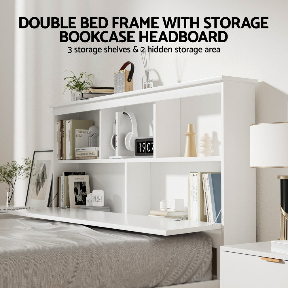 Conqueror Double Bed Frame with 3 Shelves - White