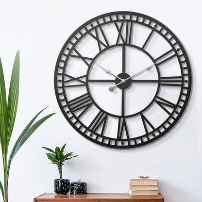 80cm Wall Clock Large Roman Numerals Metal - Black