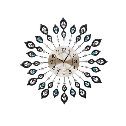 60cm Wall Clock Large 3D Peacock Crystal - Silver