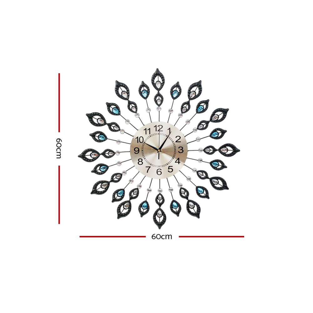60cm Wall Clock Large 3D Peacock Crystal - Silver