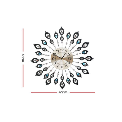 60cm Wall Clock Large 3D Peacock Crystal - Silver