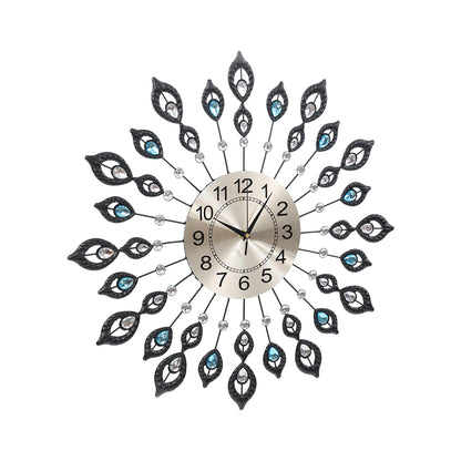 60cm Wall Clock Large 3D Peacock Crystal - Silver