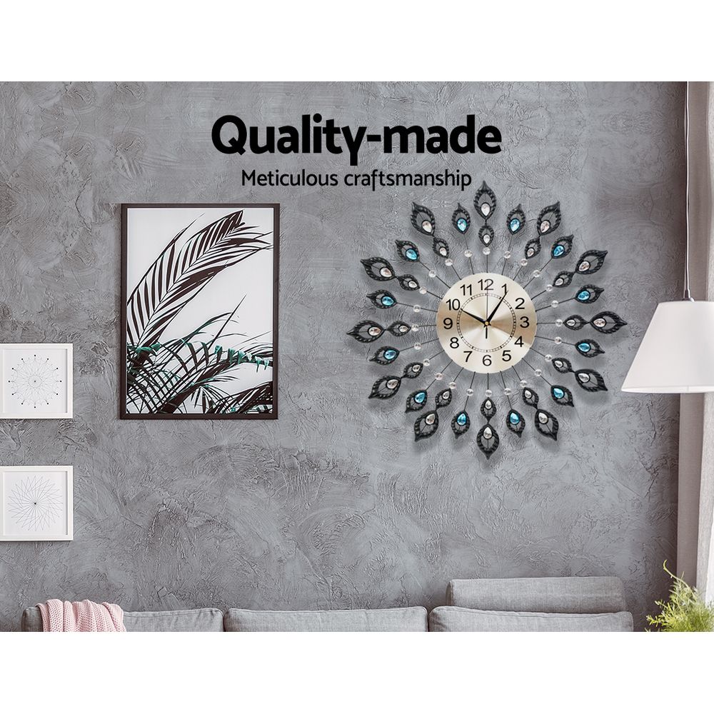 60cm Wall Clock Large 3D Peacock Crystal - Silver