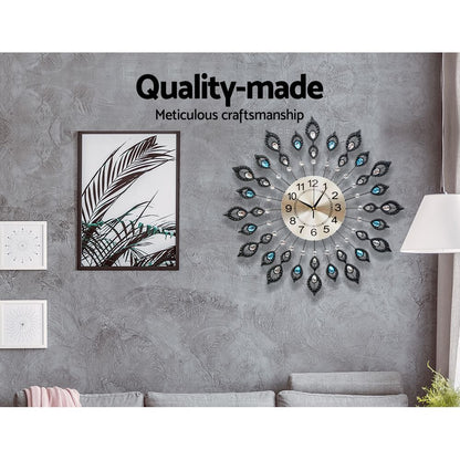 60cm Wall Clock Large 3D Peacock Crystal - Silver