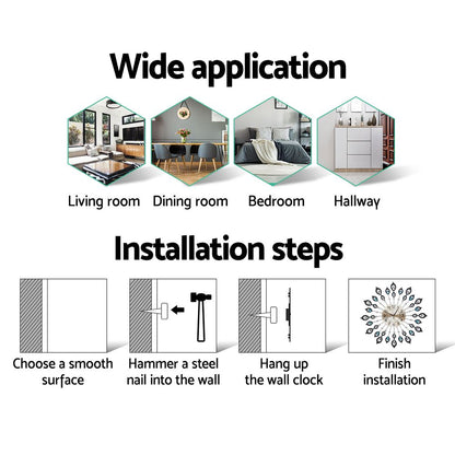 60cm Wall Clock Large 3D Peacock Crystal - Silver