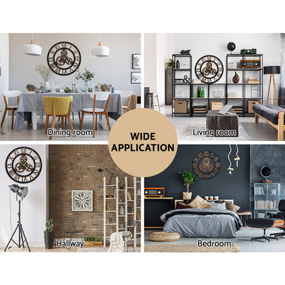 60cm Wall Clock Large Retro Roman Numerals - Brown