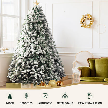 Christmas Tree 2.4M Xmas Tree Decorations Snow Flocked 1500 Tips