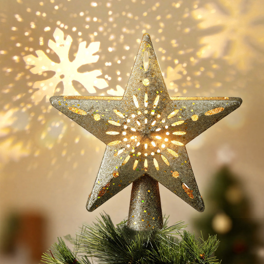 Christmas Tree Topper Star Snowflake Projector Party Glitter Gold