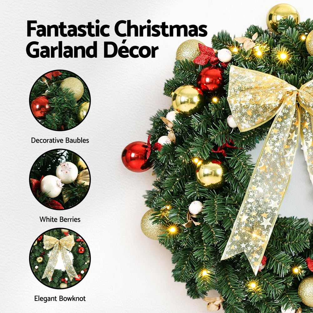 Christmas Wreath 60CM LED Garland Berries Bow Baubles Xmas Decor